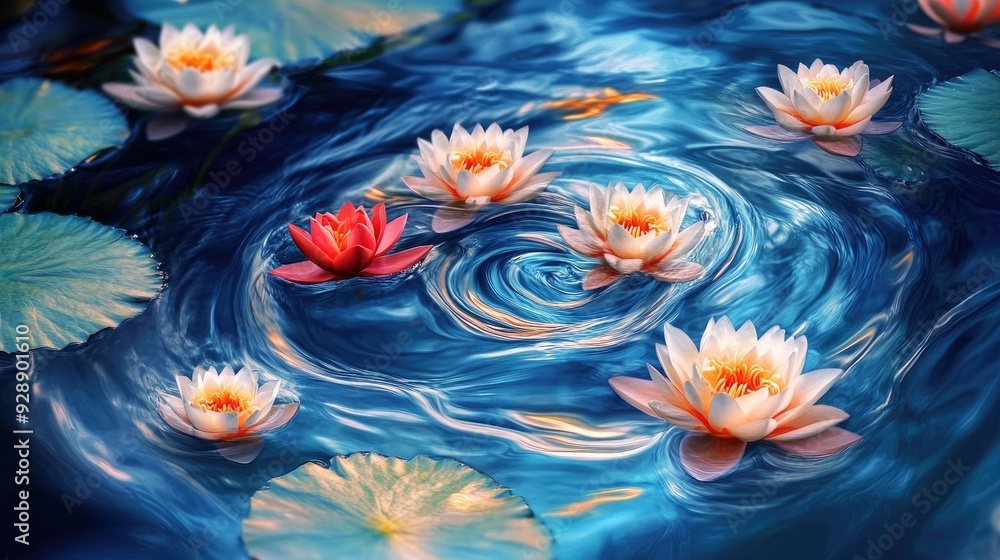 Poster Dynamic spiral of vivid lotuses on swirling water, offering a beautiful and tranquil abstract background with flowing patterns