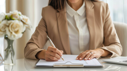 writing in a planner at a clean, minimalist table, soft white and beige tones,
