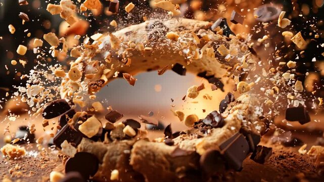 Chocolate chip cookie exploding in slow motion