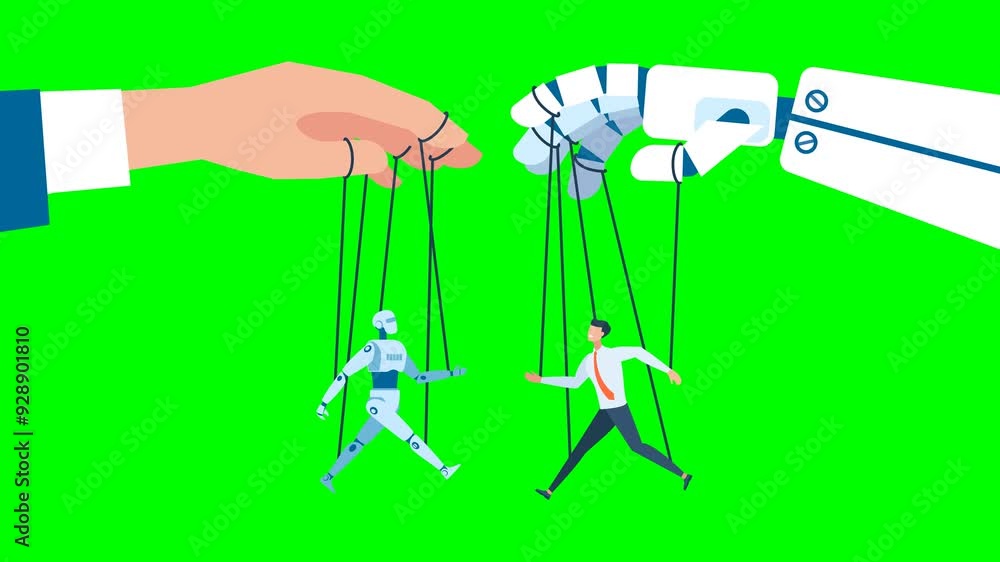Poster a person manipulates a robot. artificial intelligence controls man. interdependence of humanity and 