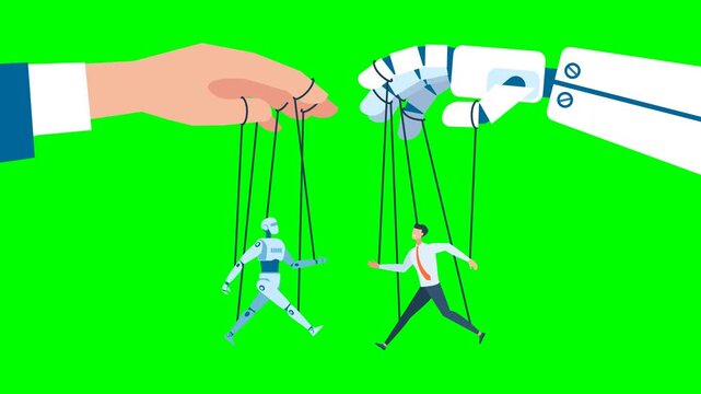 A person manipulates a robot. Artificial intelligence controls man. Interdependence of humanity and technology. Freedom concept. Artificial Intelligence technology. 2d flat animation. Alpha channel