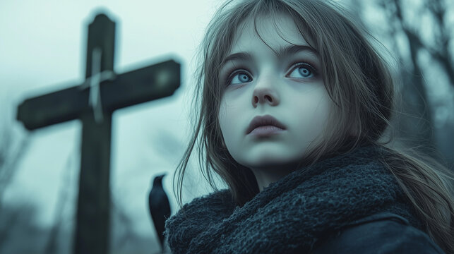 crow, cross and girl