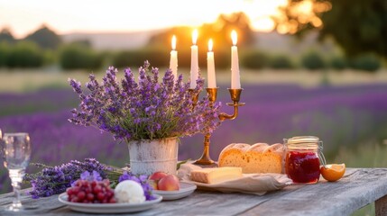 Charming outdoor dining scene with candles, flowers, and delicious food at sunset surrounded by lavender fields.