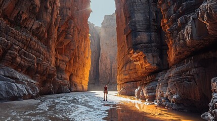 A lone hiker stands in a narrow canyon, illuminated by a beam of sunlight shining through the rock walls.