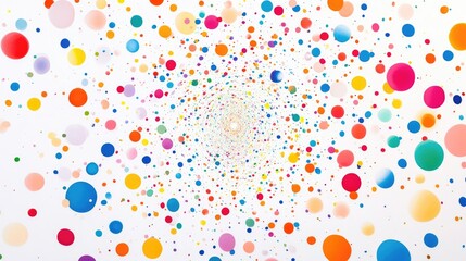 Radiant spiral web of colorful polka dots against a white background, offering a vibrant and energetic visual effect