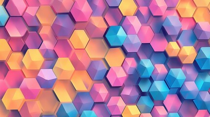 Repeating pattern of vibrant pentagons in shades of pink, blue, yellow, and purple, forming a bold geometric abstract background