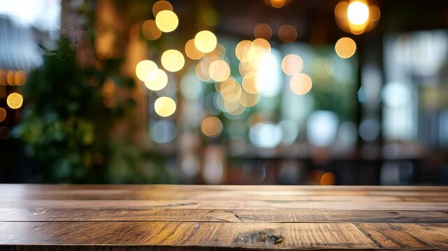 Empty wooden tabletop surface with blurred restaurant background