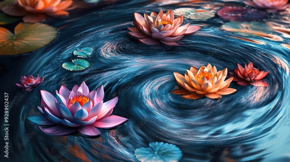Poster Spiral arrangement of colorful lotuses on a gently swirling water surface, creating a harmonious and serene abstract design