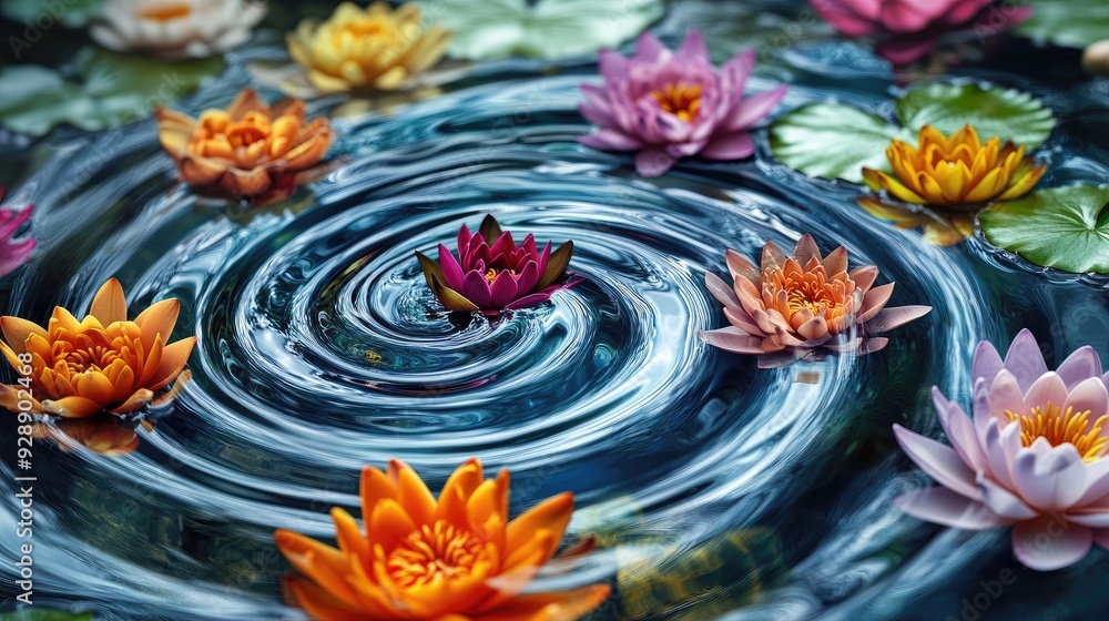 Poster spiral-shaped matrix of lotuses in vivid colors, gracefully floating on swirling water, creating a m