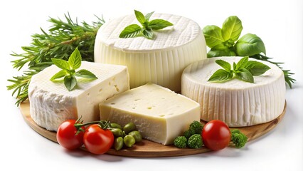 Delicious vegan cheese alternatives, including soft brie, feta, and mozzarella, isolated on a white background, perfect for highlighting plant-based dairy options.