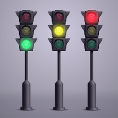 Collection of realistic road traffic lights on a stand. Vector illustration.