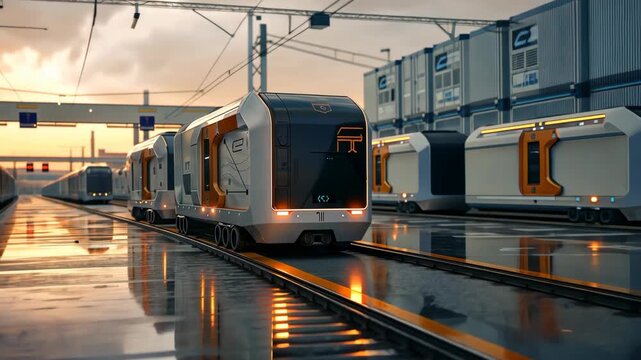 Innovative train designs forklift in futuristic open air warehouse, new logistics technologies