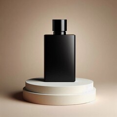 Mockup of a sleek black perfume bottle carefully placed on a pedestal against a neutral background.