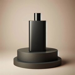 Mockup of a sleek black perfume bottle carefully placed on a pedestal against a neutral background.