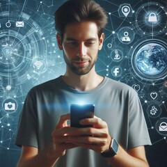 Portrait of a man interacting with a smartphone in the metaverse, with an animated flow of social media interfaces, online shopping, internet influencers, and games.