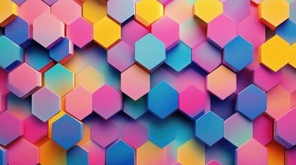 Vibrant geometric background with repeating pentagons in various shades of pink, blue, yellow, and purple, offering a bold visual effect