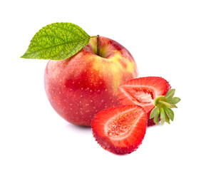 Red apple with leaf  on white background