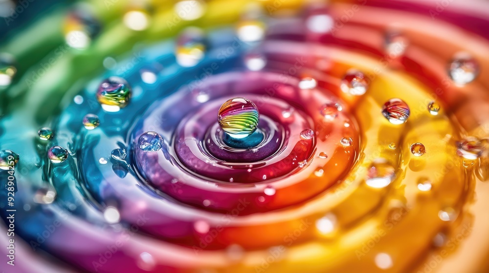 Poster vivid crystal raindrops arranged in a colorful spiral pattern, offering a creative visual effect wit