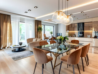 Fototapeta premium Modern Interior Design with Glass Table and Brown Chairs - Realistic Image