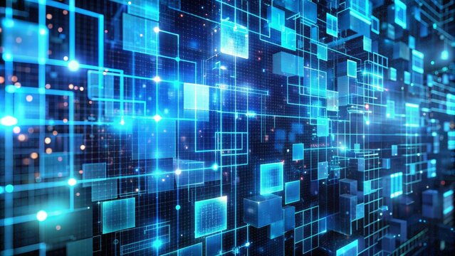 Distorted neon blue grid pattern with fragmented code and pixelated shapes, evoking a sense of digital malfunction and futuristic chaos in a cyberpunk world.