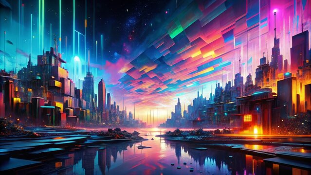 Distorted futuristic digital landscape with vibrant pixel art fragments and glitch effects, evoking a sense of technological chaos and digital disorder.