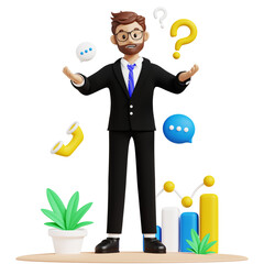 Business man asking questions 3d character illustration