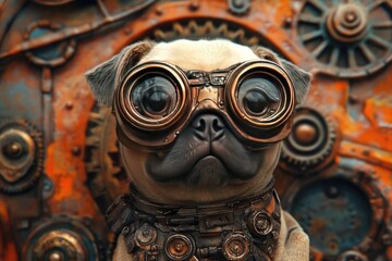 Obraz premium A charming pug adorned with steampunk goggles, set against a backdrop of intricate gears and mechanisms.