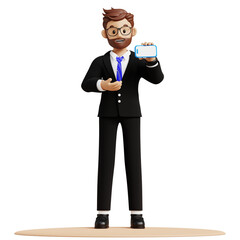 Obraz premium Business man holding phones 3d character illustration
