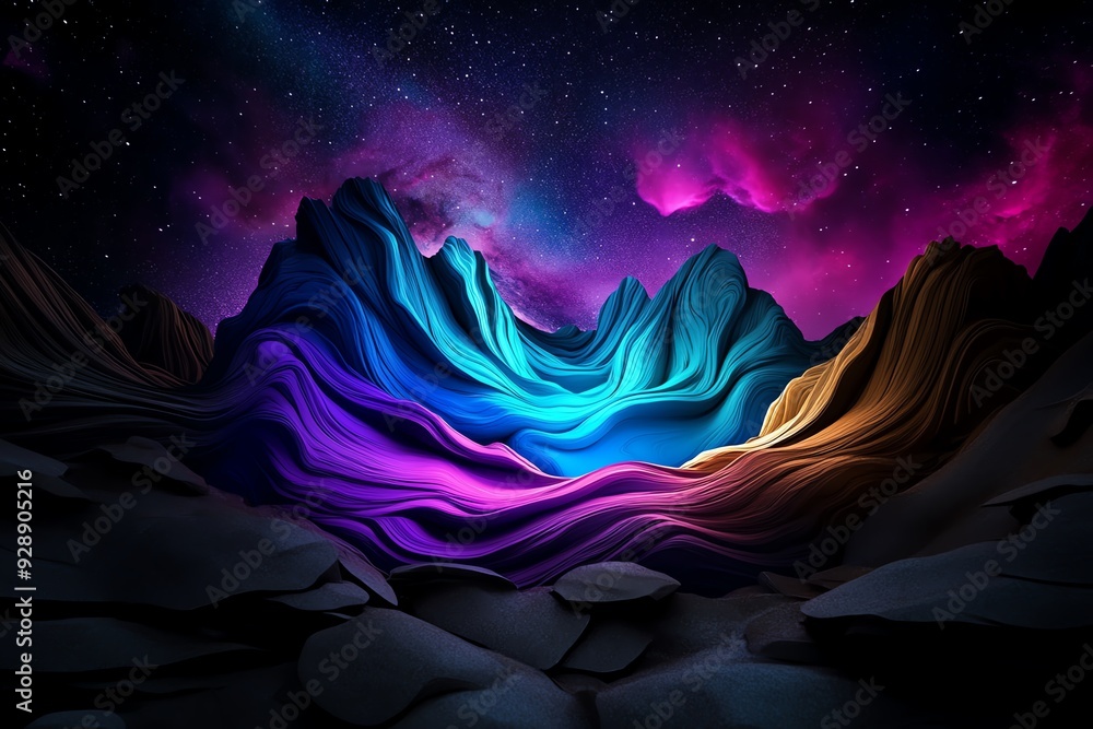 Poster A colorful Northern Lights scene with abstract shapes and patterns blending into the starry sky