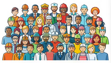 Fototapeta premium Diverse group of colorful linear icons forming a crowd, showcasing various professions, ages, and abilities, symbolizing unity and diversity in a modern community.