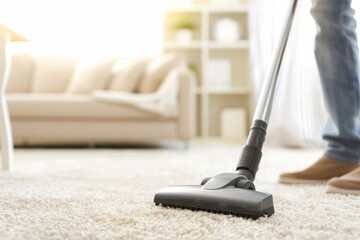 Person Cleaning Carpet with Modern Vacuum Cleaner in Sunlit Living Room