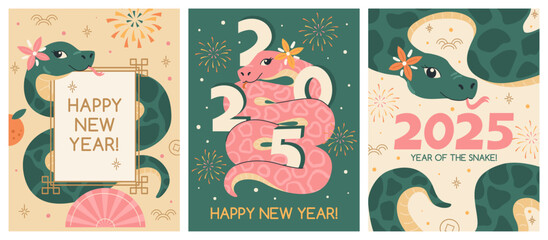 Happy 2025 new year of snake posters vector set