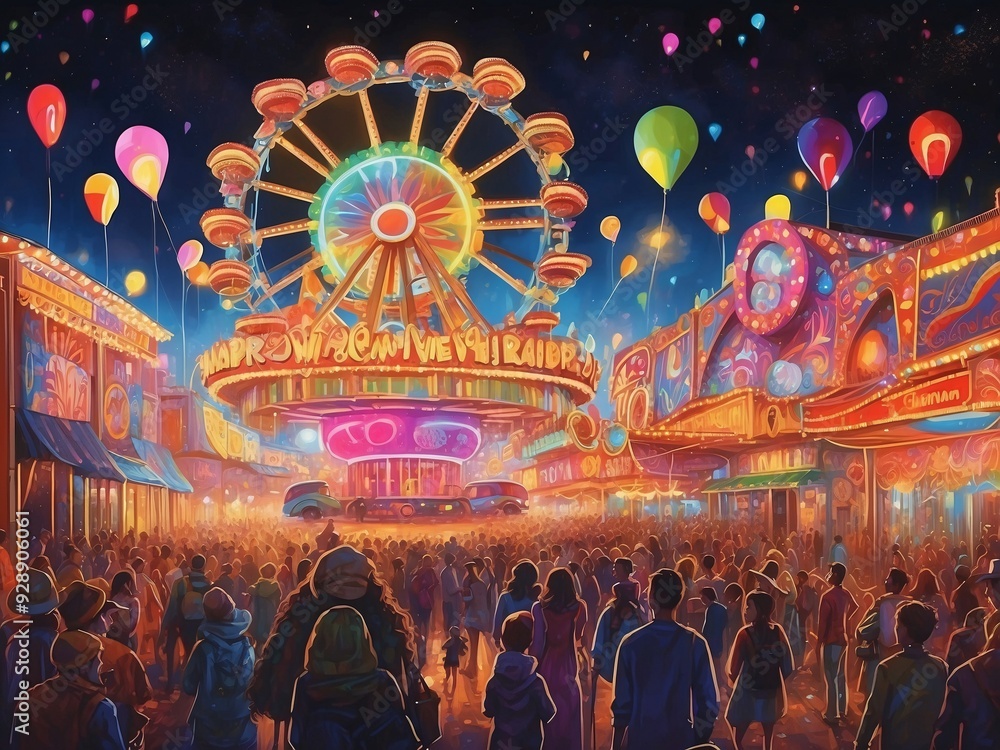 Canvas Prints Stunning illustration of a vibrant carnival with glowing rides and colorful lights, glowing in the dark with colorful multicolor light, centered on a black background