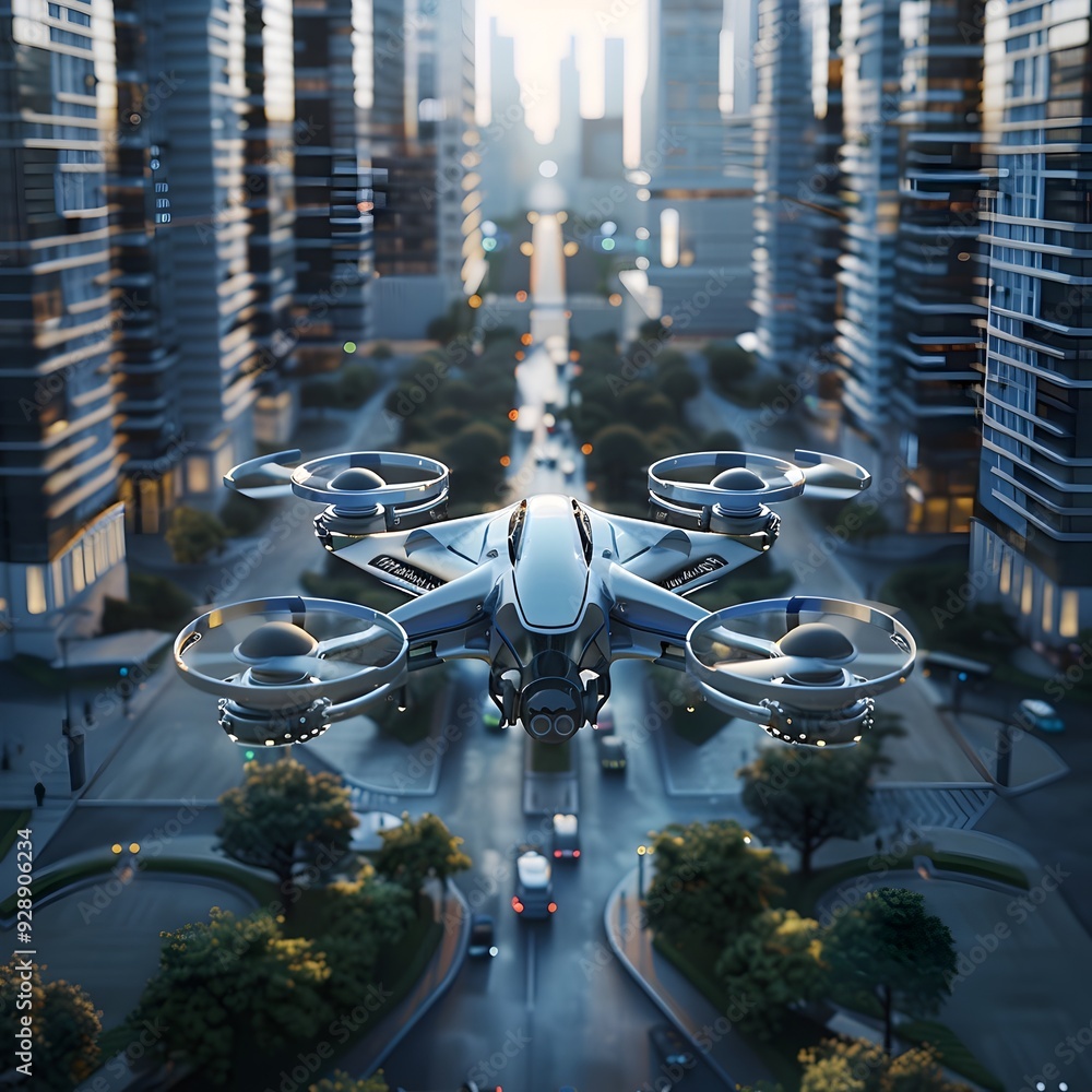 Poster futuristic autonomous drone navigating complex urban cityscape with advanced and digital technology