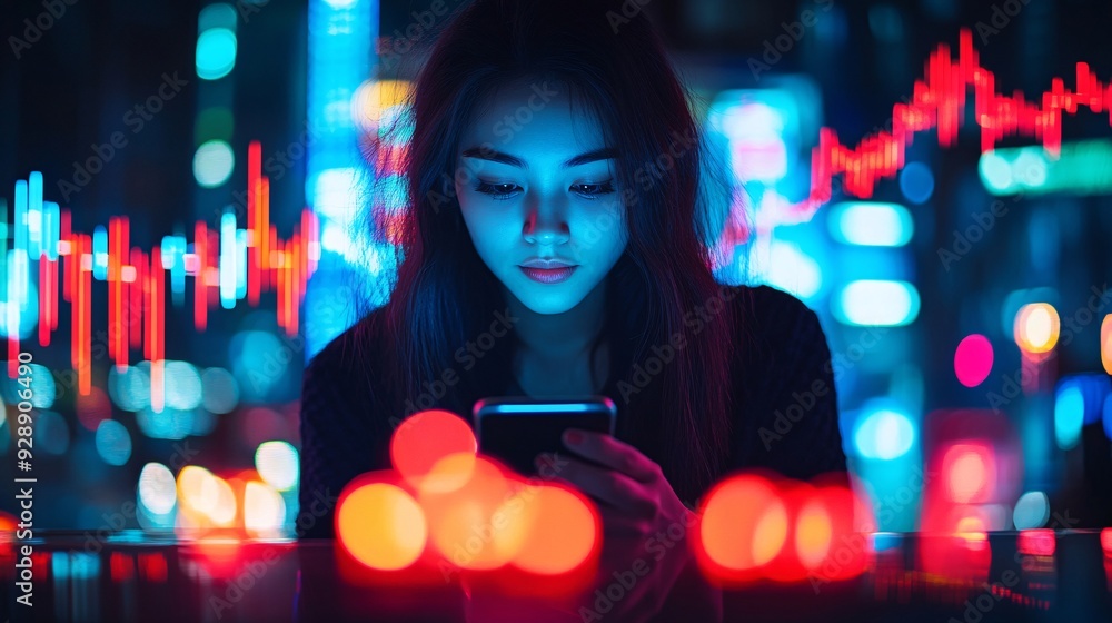 Poster a young woman using a smartphone app to monitor her investments with a graph showing growth over tim