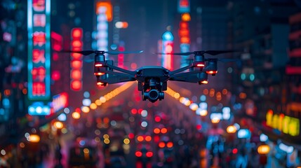 Drone Capturing the Vibrant Neon Lights and Bustling Activity of a Futuristic City at Night