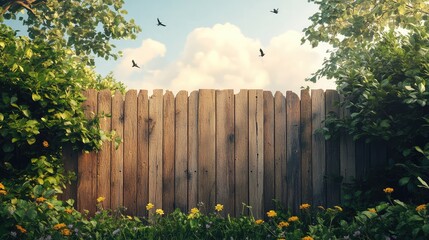 Fototapeta premium Serene Wooden Garden Fence with Lush Trees and Colorful Birds in a Tranquil Outdoor Setting