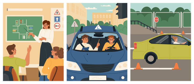 Theory and practice lessons at driving school vector set