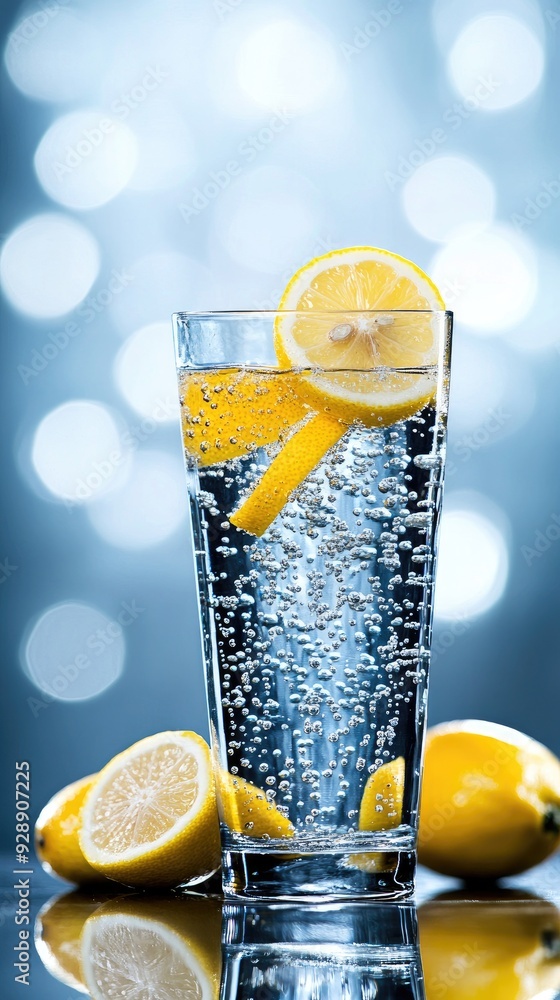 Poster refreshing sparkling water with lemon slices in a bright setting