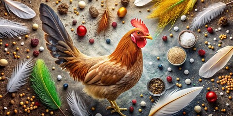 Avian Alchemy: Technical precision, microscopic details of poultry feathers and manure composition, scientific artistry.