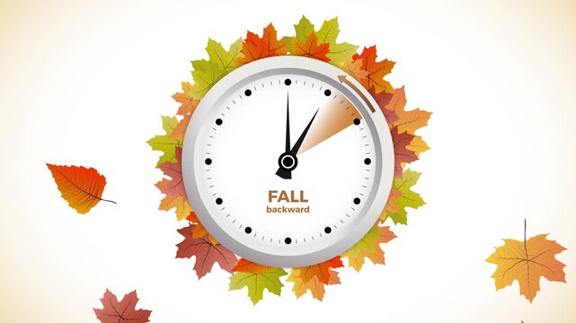 Animated illustration of a clock showing the time change when daylight savings time ends in the fall