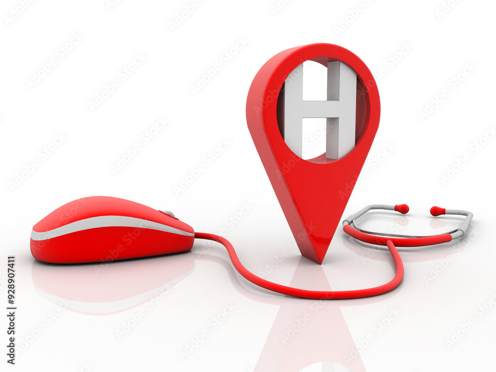 Poster 3d rendering hospital navigation with stethoscope connected mouse