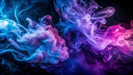 Dramatic, wispy tendrils of purple and blue smoke swirl together, creating a mesmerizing, abstract atmosphere with a hint of mystery and creative expression.