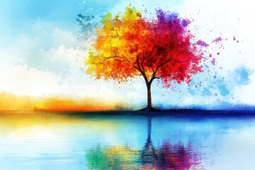 A vibrant tree stands by a serene lake, reflecting colorful autumn hues against a bright, dreamy sky.