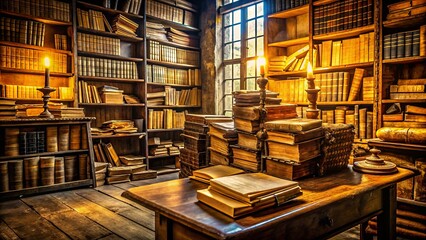 Dusty vintage documents and yellowed papers overflowing from worn leather-bound tomes in a dimly lit, centuries-old repository, evoking a sense of forgotten history.