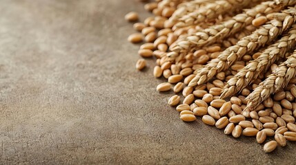 Fototapeta premium Golden wheat ears with scattered grains on textured surface 