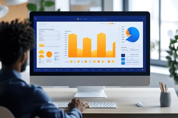 A man is sitting in front of a computer monitor with a pie chart on it. He is using a keyboard and a mouse to navigate the screen