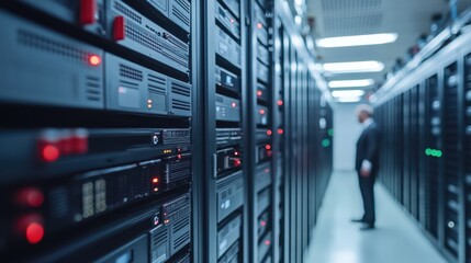 A man is standing in front of a row of servers. The servers are black and have red lights on them. The man is wearing a suit and he is looking at the servers. Concept of technology and professionalism