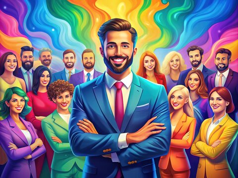 Charismatic Ambassador: Storytelling, community building, public relations, vibrant colors, confident pose