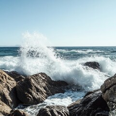 Waves crash against rocky shores, creating a stunning coastal scene filled with energy and natural beauty.